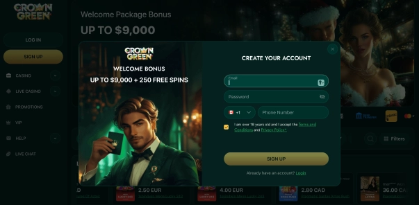 Crowngreen casino website interface with promotional banners