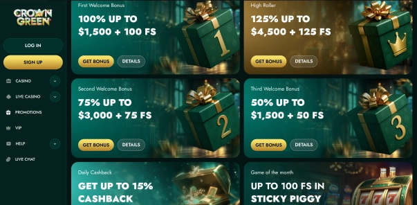 Crowngreen casino bonus offers and promotions dashboard